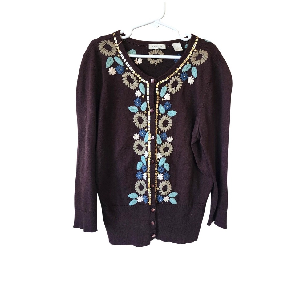 Halogen Brown 100% Pima Cotton Floral Embroidered Cardigan Sweater Women S‎